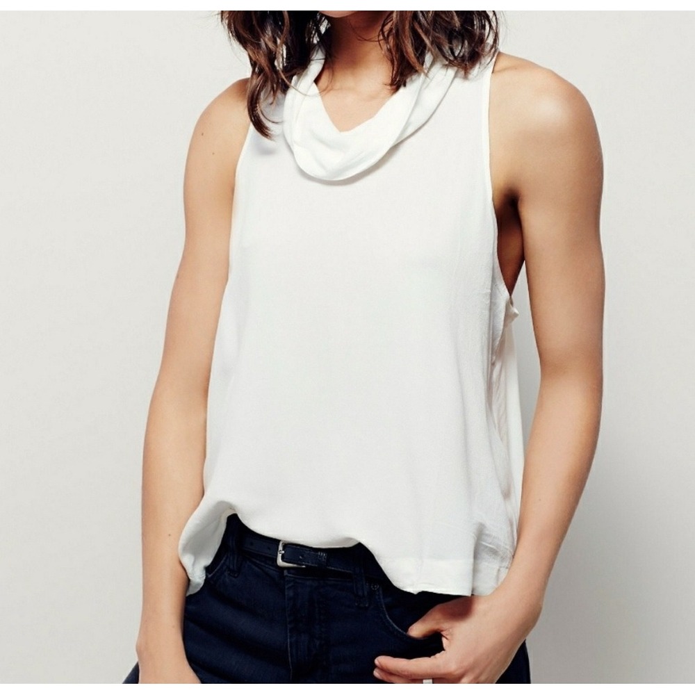 Free People White Crepe Cowl Neck Open Back Sleeveless Tank Top Womens Small GUC